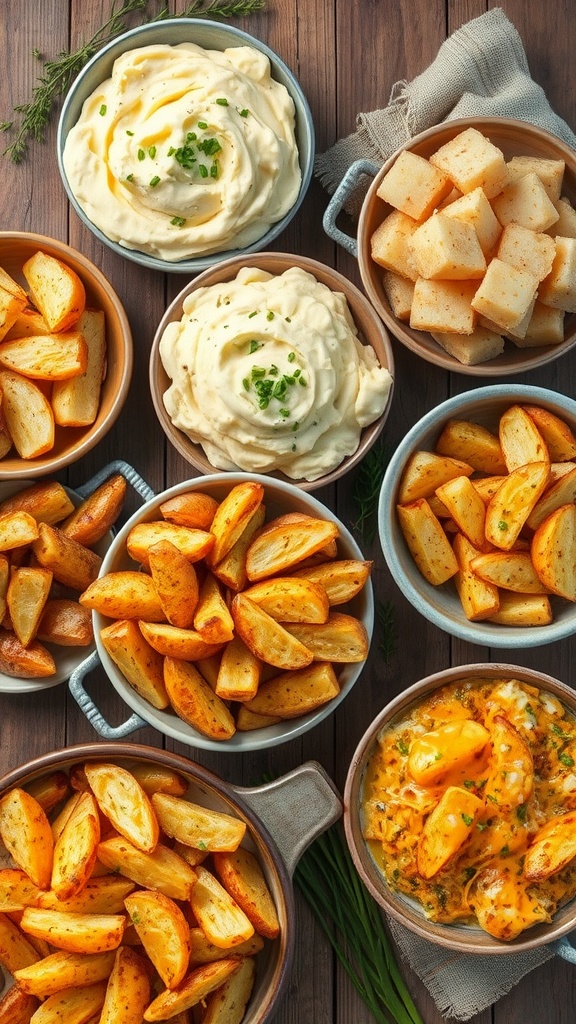 A variety of potato dishes including mashed potatoes, roasted wedges, and cheesy casserole on a rustic table.
